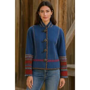 ColdWater Creek Artisan Blue Wool Western Jacket Boho Embroidered Southwestern